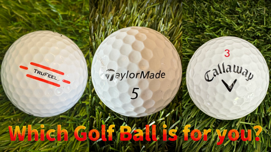 Titleist Pro V1, TaylorMade TP5, Titleist TruFeel, and TaylorMade RBZ golf balls displayed on a golf course, helping golfers choose the right ball for their game